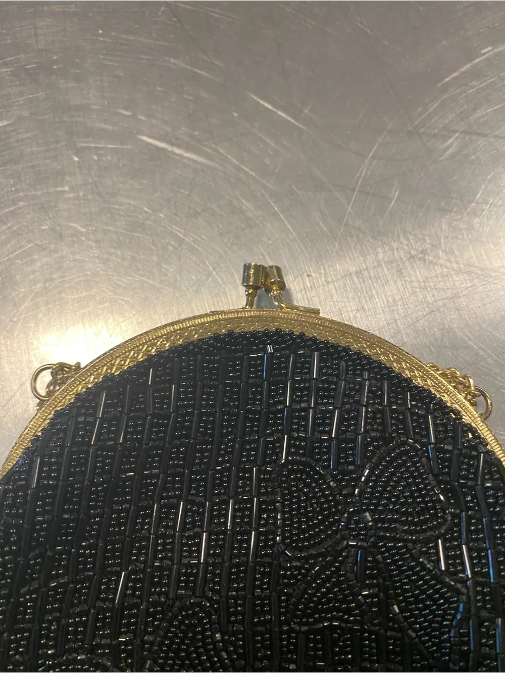 Vintage Black Beaded Round Evening Bag with Gold Chain